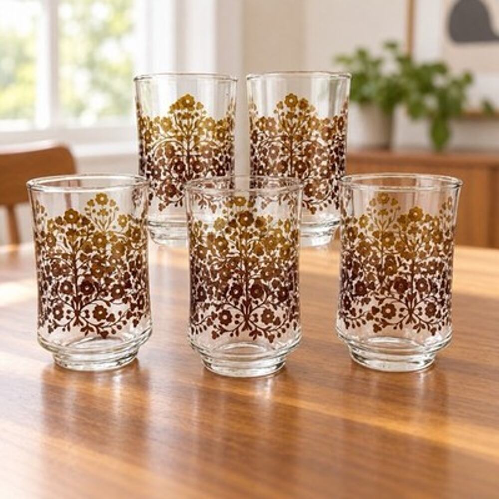 Vintage Libbey Brown Floral Juice Glasses Set of 5 Retro Boho 3.5”